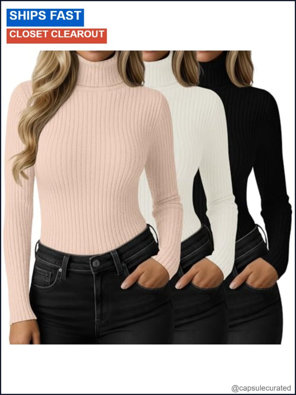 Womens Turtleneck Ribbed Sweaters 3 Pack Slim Fit Long Sleeve Pullover